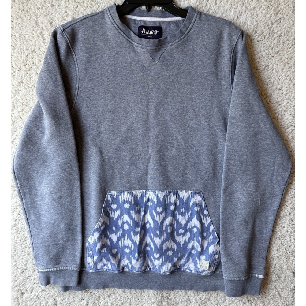 Altamont Mens Large Gray Crewneck Sweatshirt Ikat Print Pouch Pocket Skate